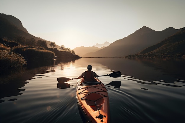 A man kayaking on a calm lake surrounded by nature and evening sunset Generative ai