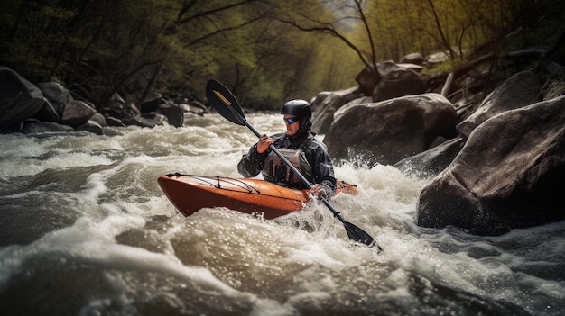 A man kayaking down a river with a kayak in the water.