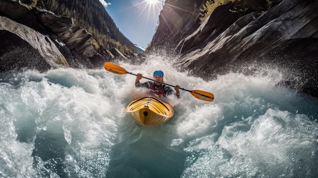 A man kayaking in a river with the sun shining on his helmet.