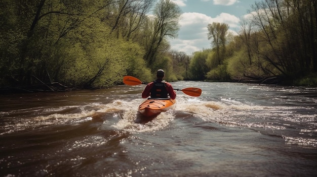 A man kayaking on a river with trees in the background.