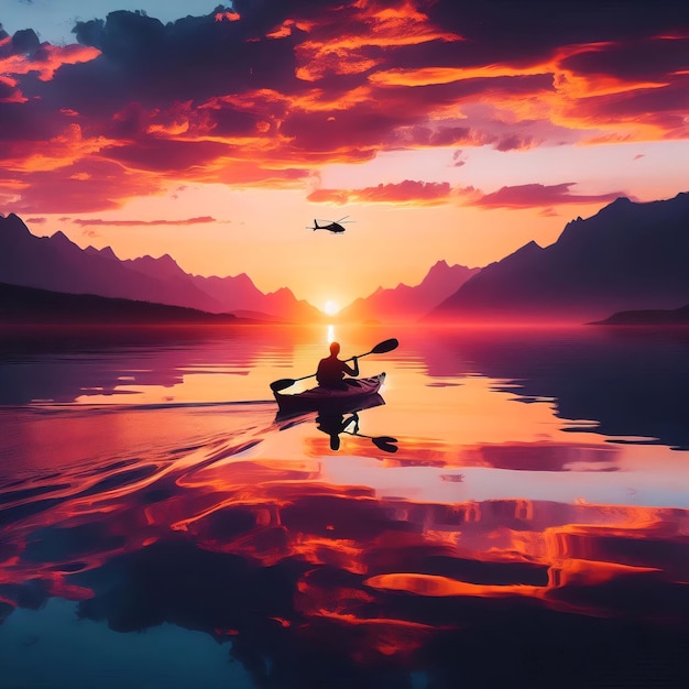 A man kayaking on a serene lake during sunset