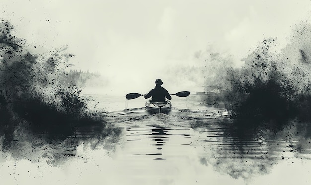 Man kayaking on a stormy river Black and white image