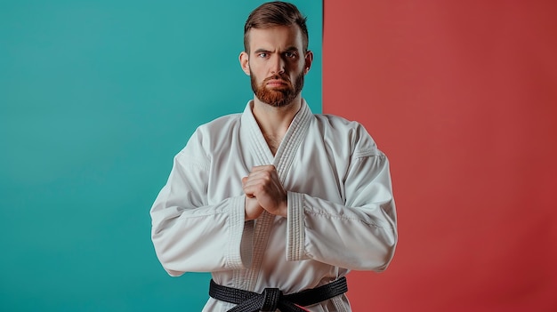 Photo a man in a kimono poses for a photo with a red background