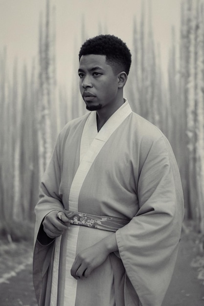 A man in a kimono stands in a forest with trees in the background.