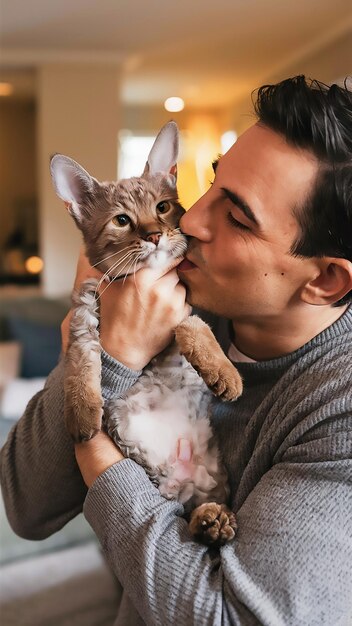 a man kissing a cat with a cat on his chest