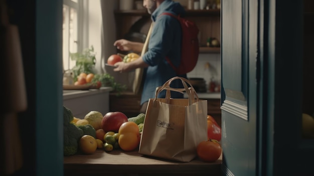 A man in a kitchen with a bag of fruit and vegetables.