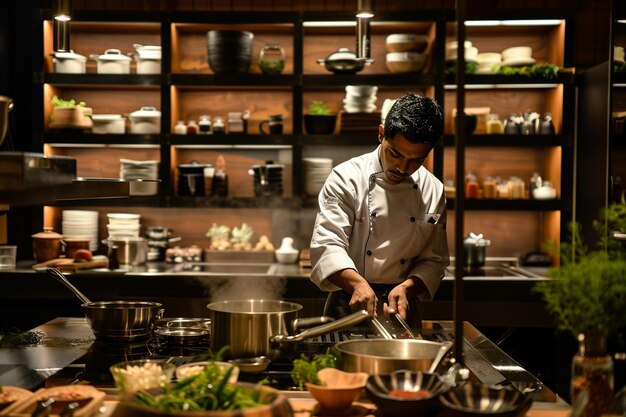 a man in a kitchen with a chef cooking in the background