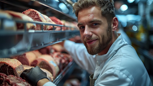 Photo a man in a kitchen with meat in the background