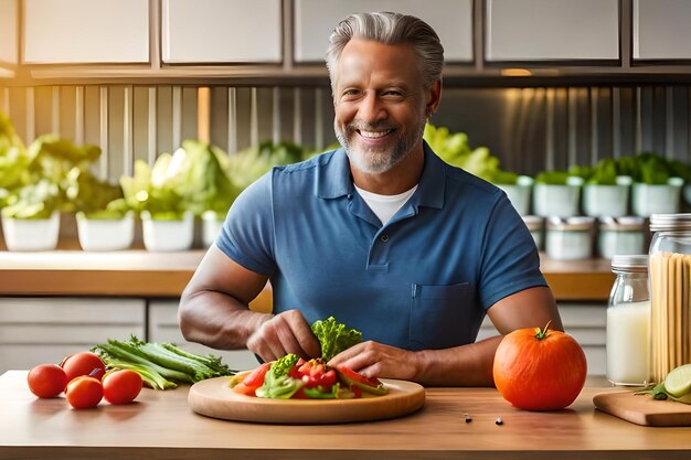 A man in a kitchen with vegetables and a smile on his face.