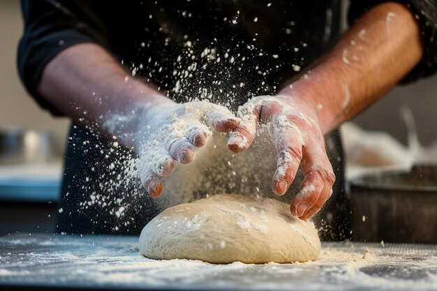 Man kneading dough on wooden table in kitchen with AI generated