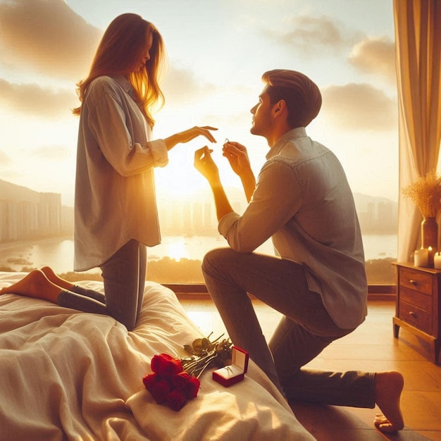 a man kneeling on a bed and a woman kneeling on the floor and holding a flower in his hand