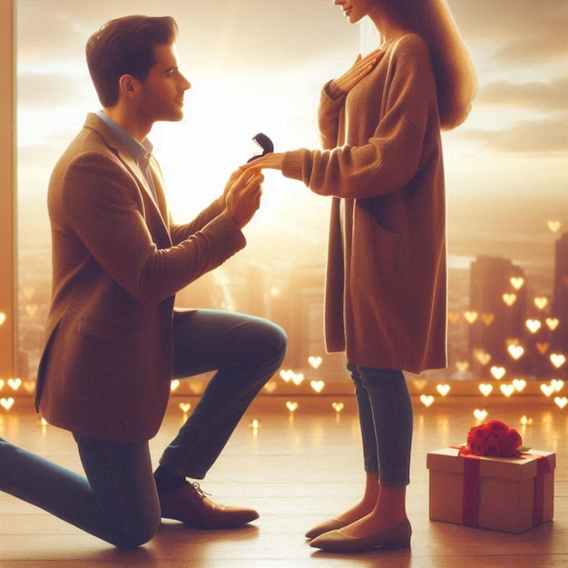 Photo a man kneeling down to give a gift to a woman