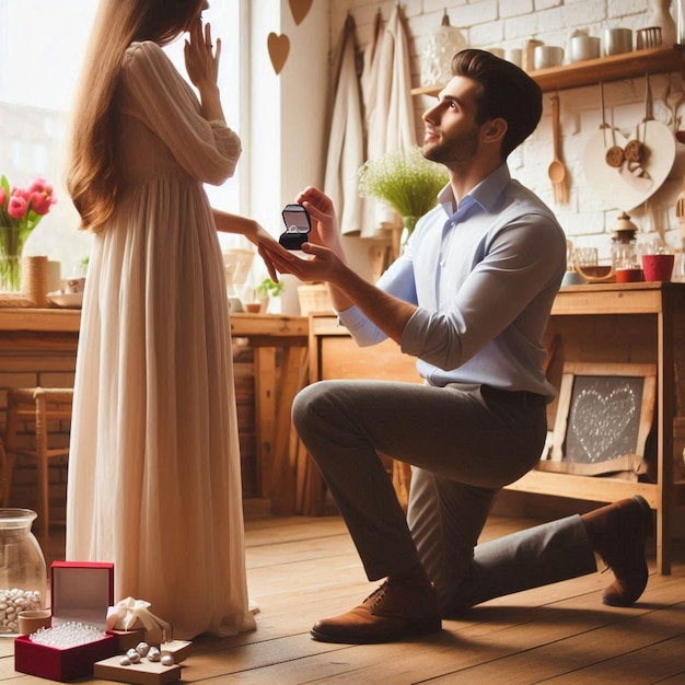 a man kneeling down to give a woman a gift