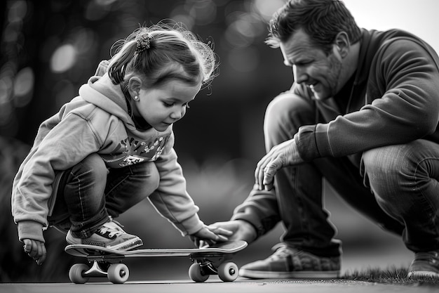 A man kneeling down next to a little girl on a skateboard