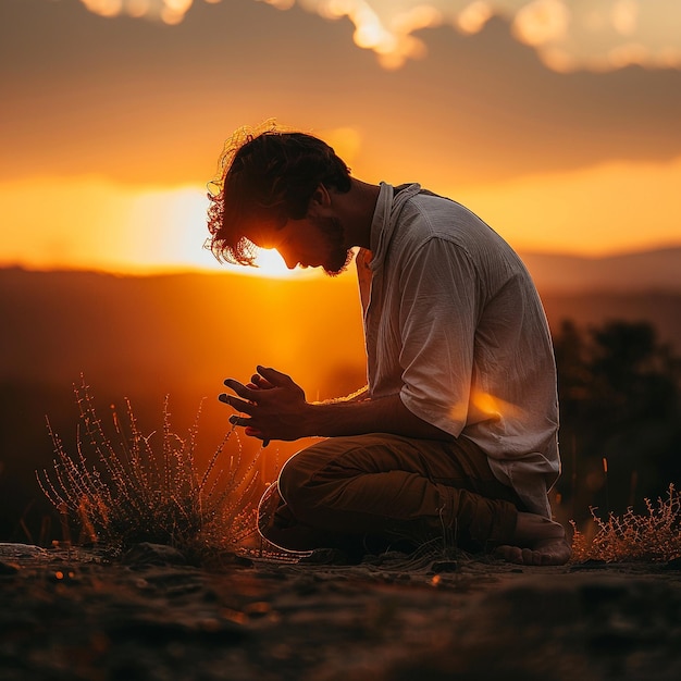 Photo a man kneeling in front of a sunset with his hands folded in front of him