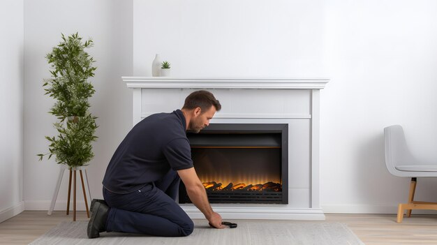 A man kneeling in front of a warm fireplace lost in thought