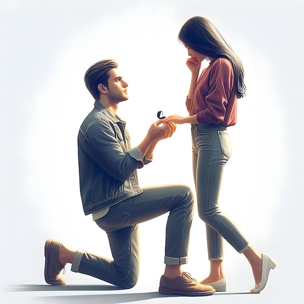 Man kneeling holding engagement ring proposing woman marry him happy valentines day concept