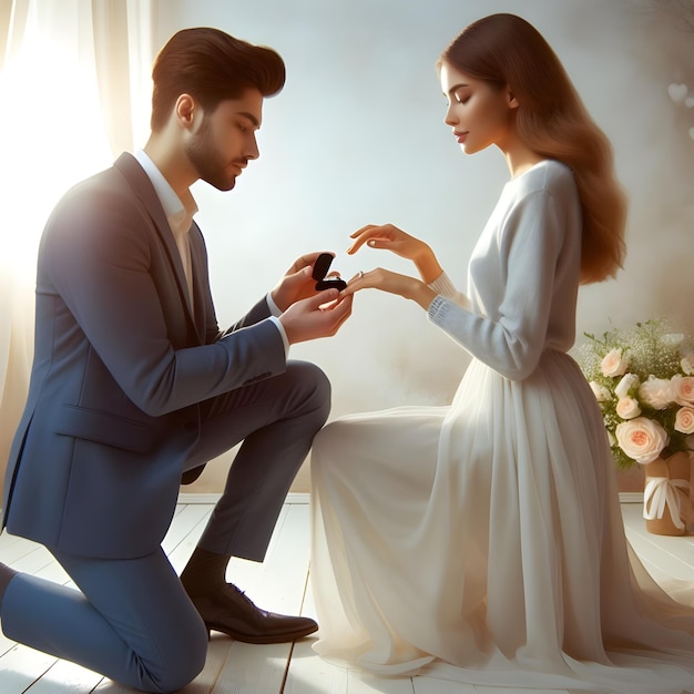 Man kneeling holding engagement ring proposing woman marry him happy valentines day concept