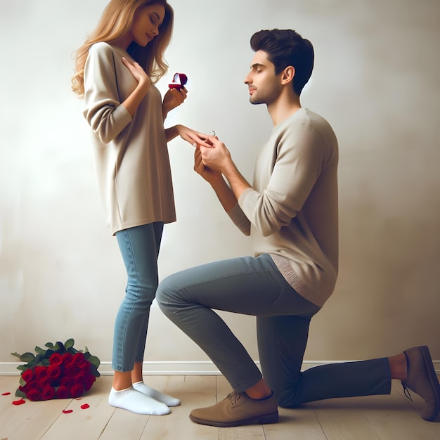 Photo man kneeling holding engagement ring proposing woman marry him happy valentines day concept