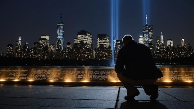 a man kneeling at a memorial plaque for 911 victims