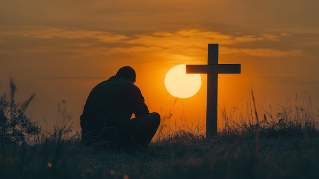 Man Kneeling in Prayer at Wooden Cross Against Sunset in Nature Meadow Faith and Spirituality