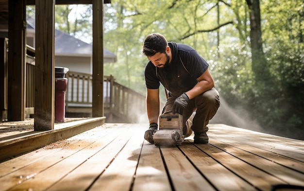 Man Kneeling While Sanding Outdoor Wooden Deck Home Improvement