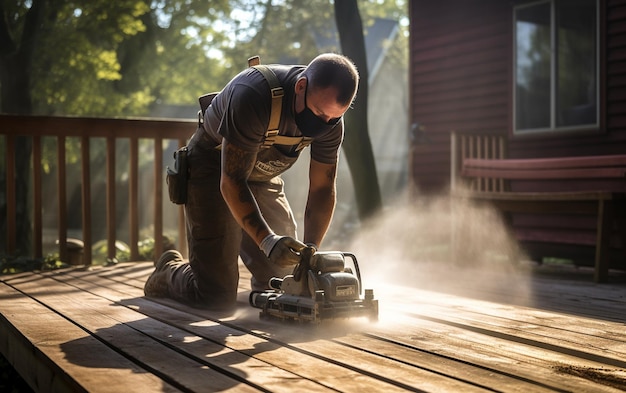 Man Kneeling While Sanding Outdoor Wooden Deck Home Improvement