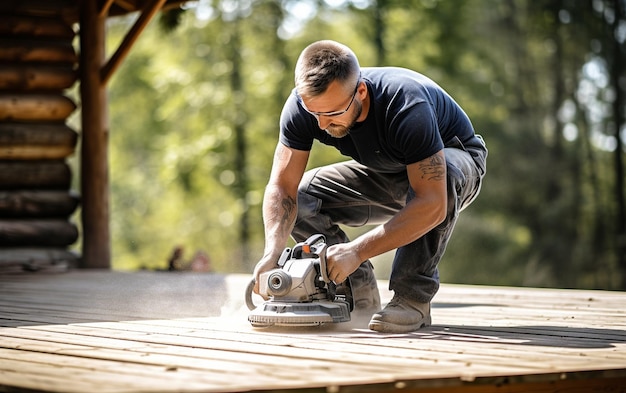 Man Kneeling While Sanding Outdoor Wooden Deck Home Improvement