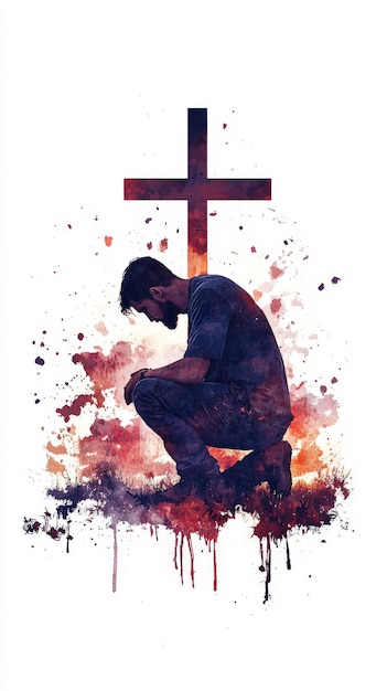 Photo a man kneels in front of a cross with a breathtaking sunset in the background representing peace and spirituality