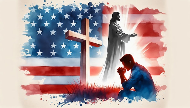 Man kneels in prayer before jesus and american flag Sacred Symbols of America Faith and patriotism