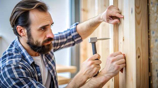 Photo the man knocks on the nail with a hammer