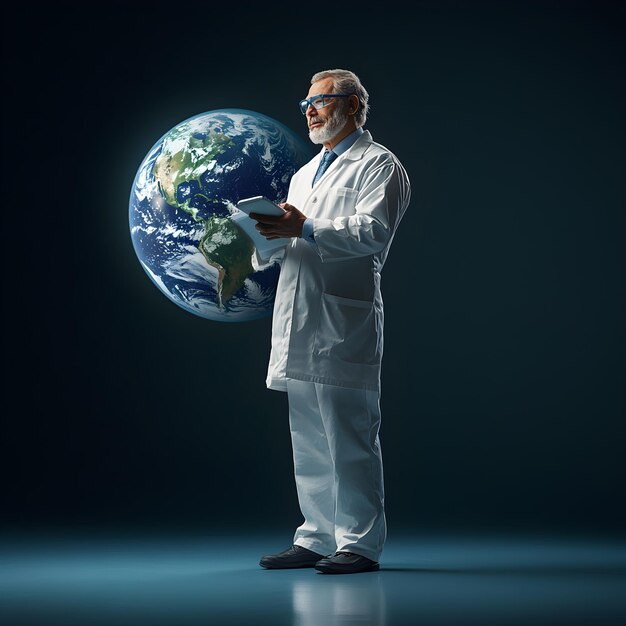 Photo a man in a lab coat holds a globe in his hands