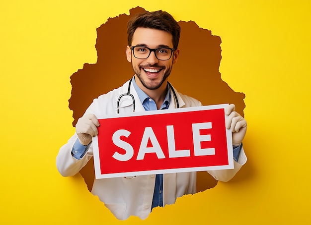 a man in a lab coat holds a sign that says sale