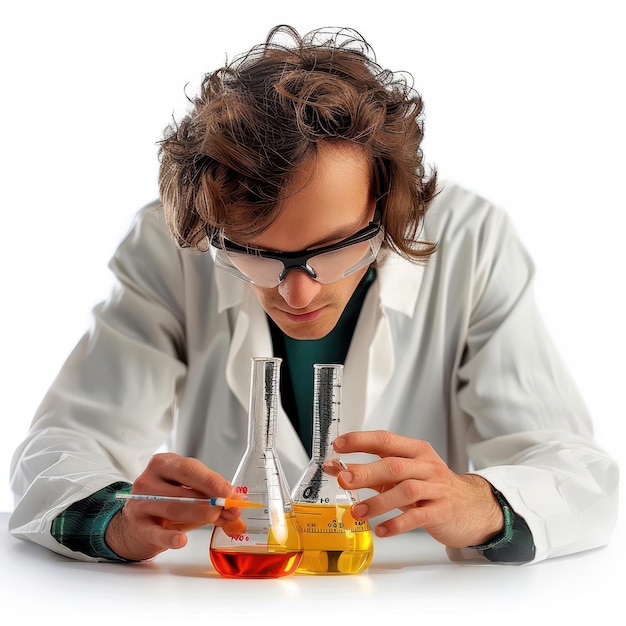 Photo man in a lab coat is doing something in a beaker