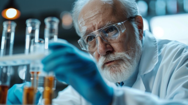 A man in a lab coat is holding a beaker with a yellow liquid in it