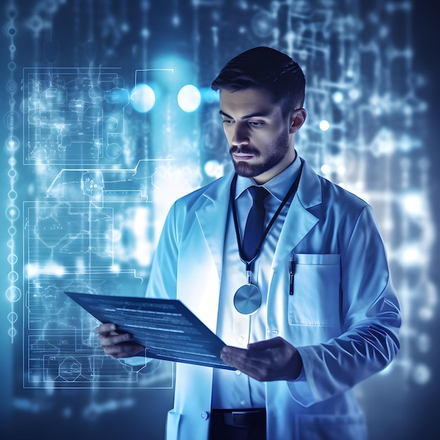 A man in a lab coat is holding a clipboard with a blue background behind him.