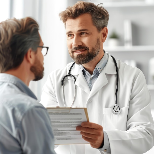 Photo a man in a lab coat is holding a clipboard with a man in the background