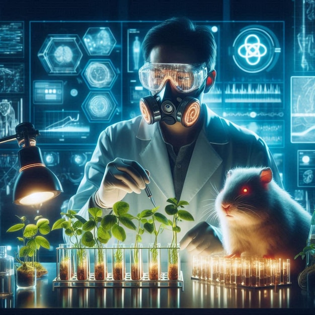 Photo a man in a lab coat is holding a mouse and a mouse in front of a monitor with a spider plant in it