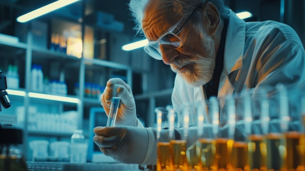 A man in a lab coat is holding a test tube and looking at it