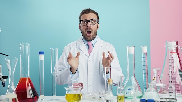 a man in a lab coat is in a lab coat and has a large blue letters on it