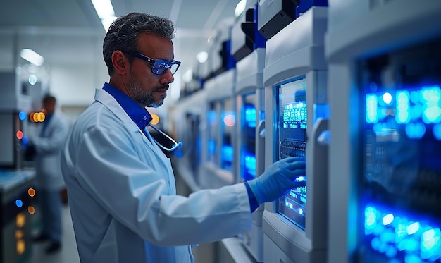 Photo a man in a lab coat is looking at a display of light