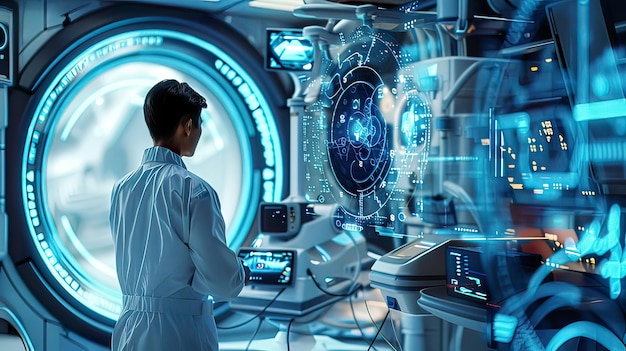 a man in a lab coat is looking at a machine that says  no