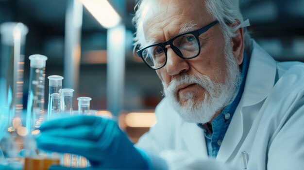 A man in a lab coat is looking at a series of test tubes