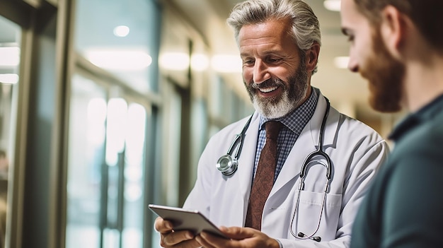 a man in a lab coat is looking at a tablet with a stethoscope on it