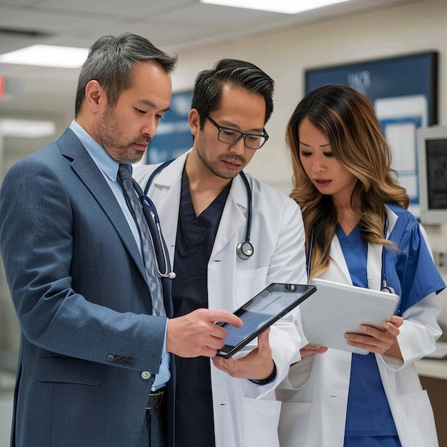 a man in a lab coat is looking at a tablet with two people looking at it