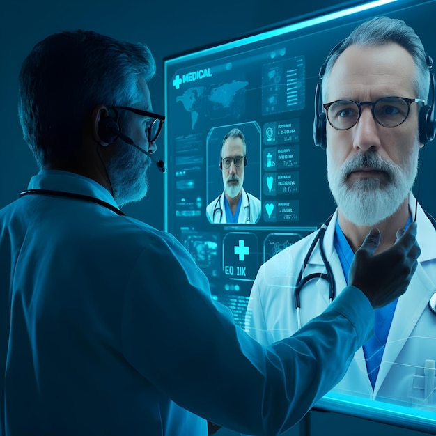 Photo a man in a lab coat is pointing to a monitor that says quot medical quot