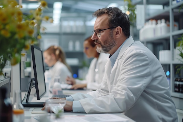 Photo a man in a lab coat is sitting at a computer with other people in the background