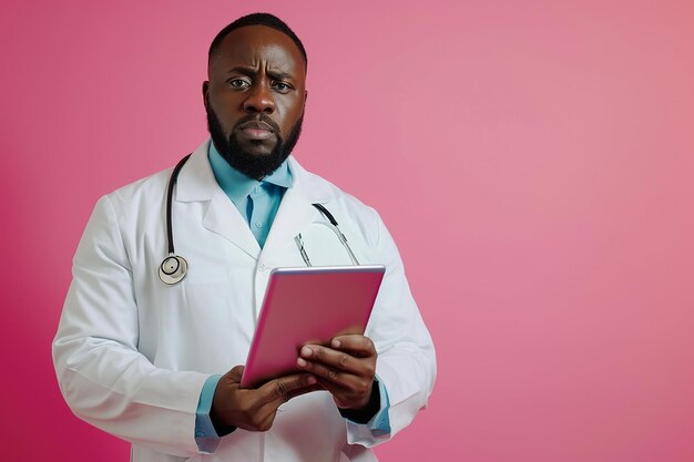 Photo a man in a lab coat is sitting at a desk with a laptop