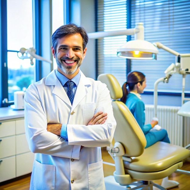 a man in a lab coat is smiling at a woman in a dental chair