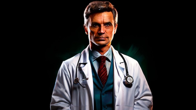 a man in a lab coat is standing in front of a black background